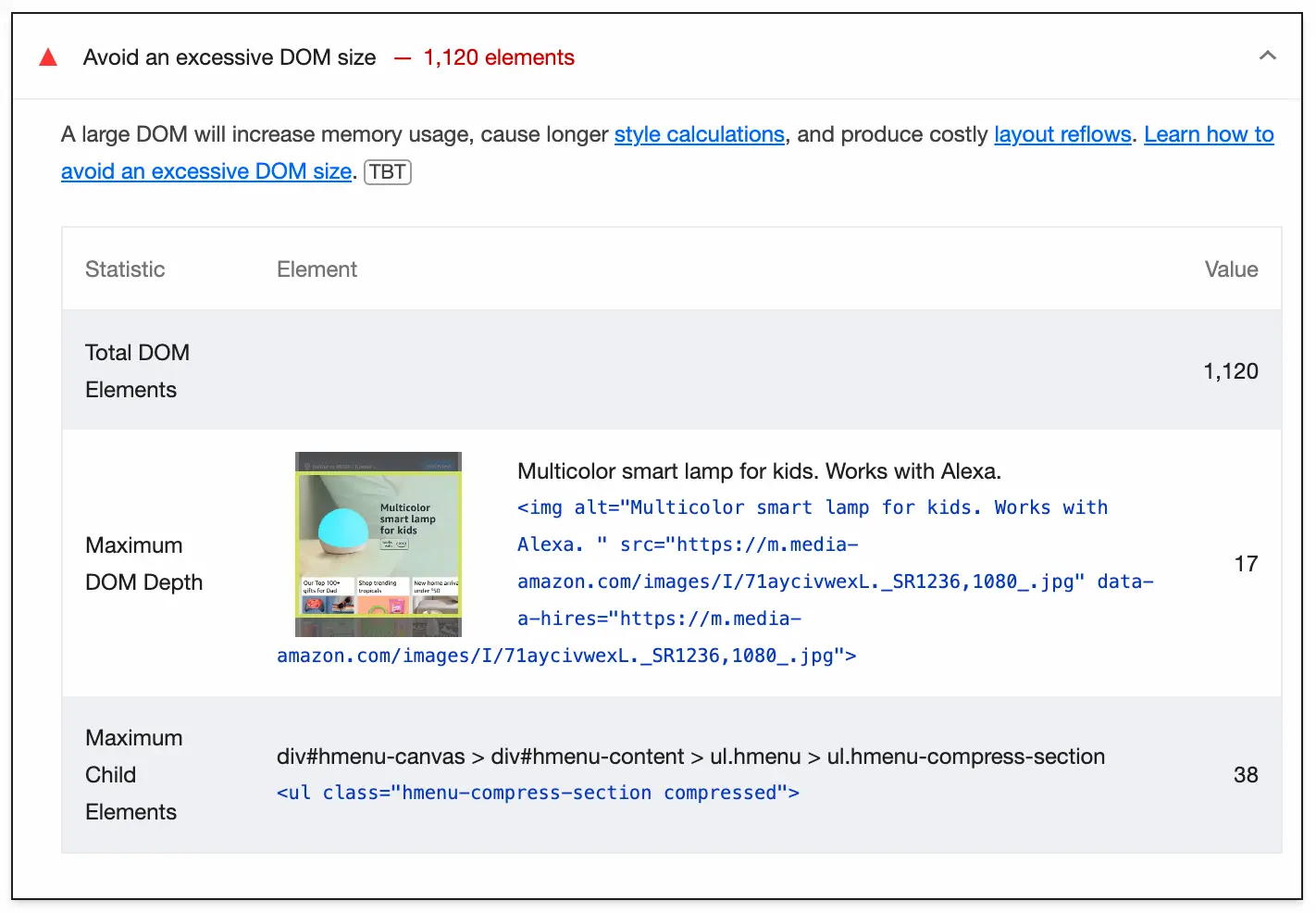 Screenshot of Lighthouse report showing a warning about excessive DOM size