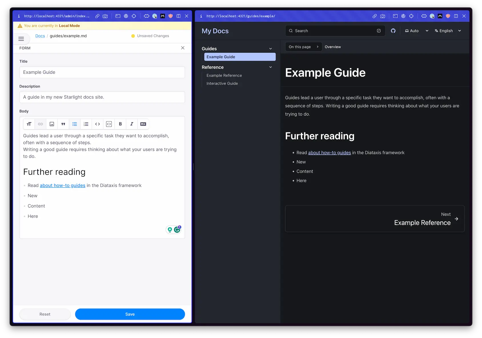 Screenshot showing TinaCMS editing our site's content